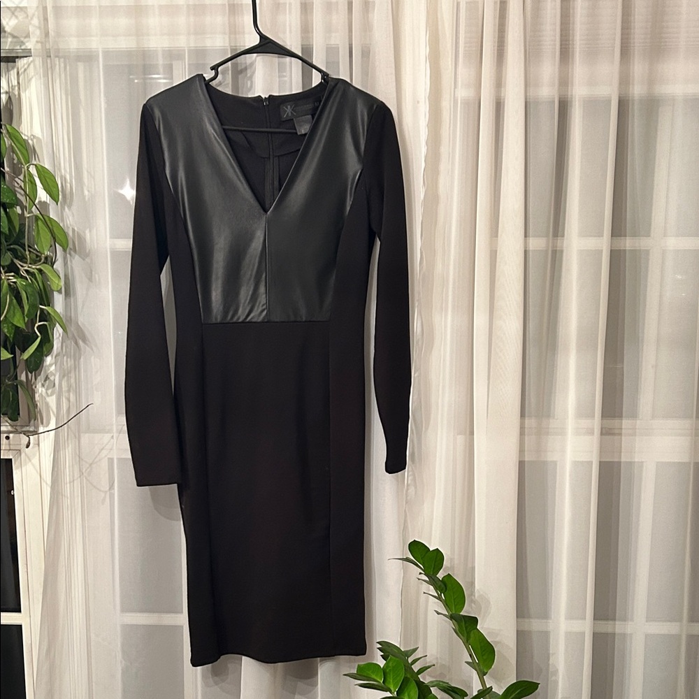 Kardashian Kollection Black Long Sleeve Dress with Leather Detail